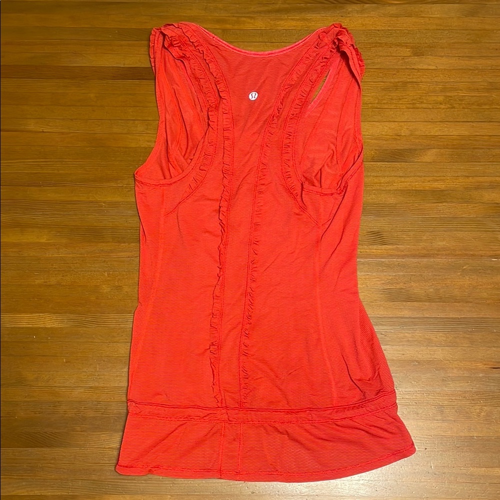Lulu Lemon Orange Scoop Neck Sleeveless Tank Top with Back Ruffle Detail
